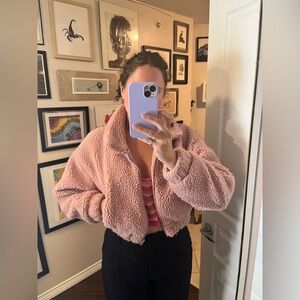 Urban heritage pink cropped teddy jacket